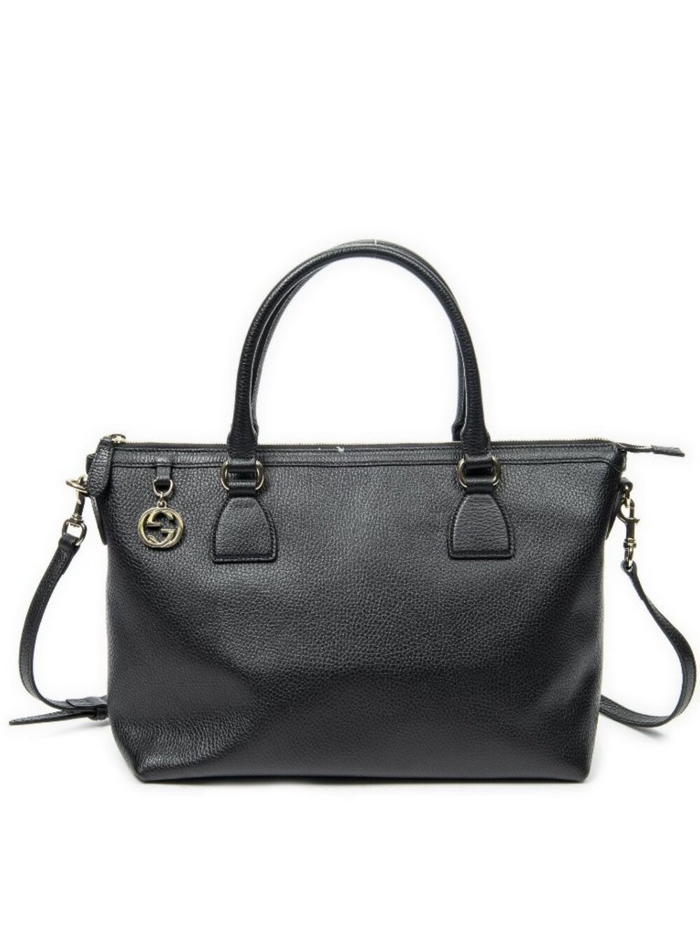 Gucci Large GG Charm Zip Tote Black Gray Calfskin Leather